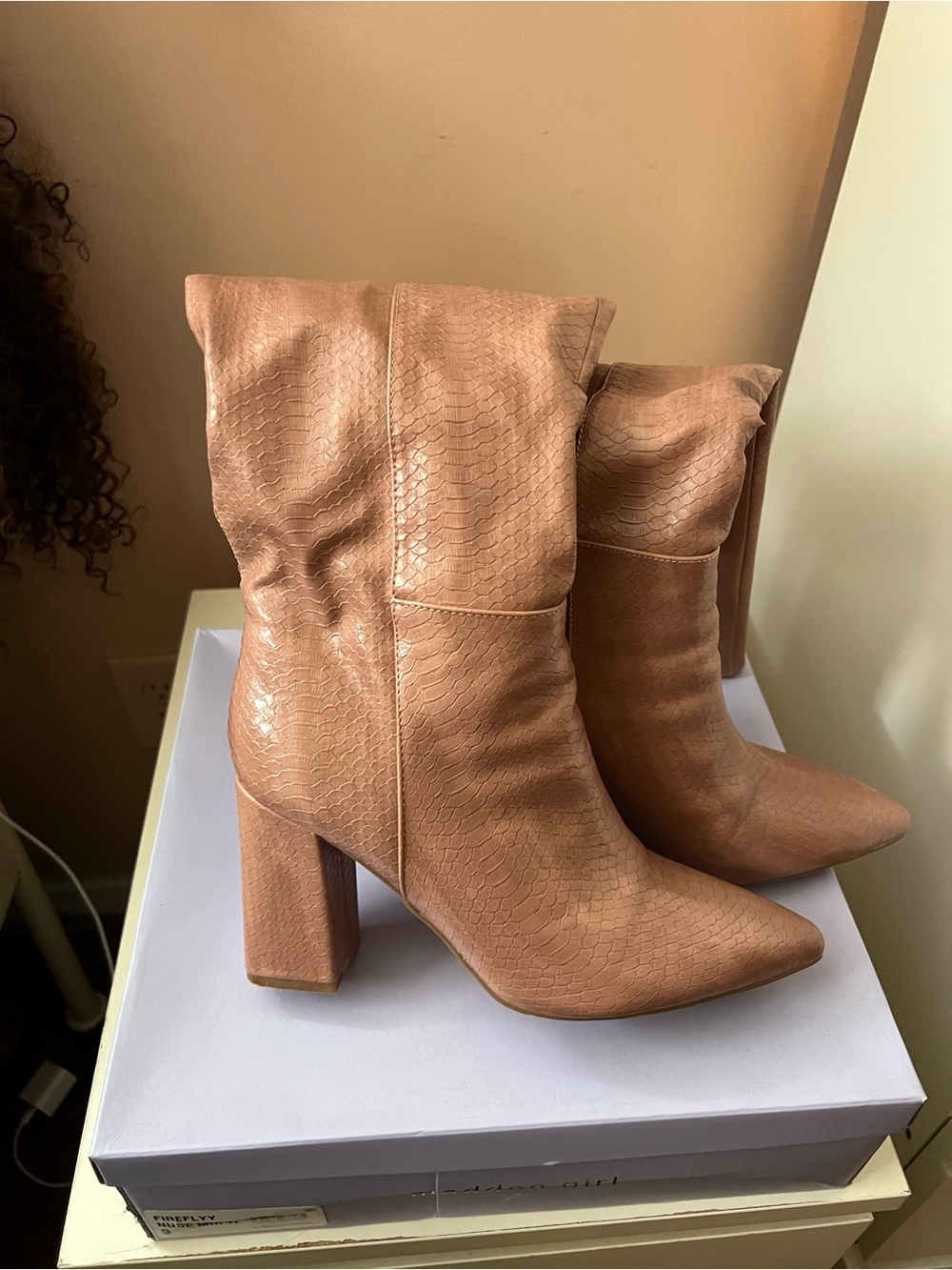 Steve Madden Tan Textured Block Heel Mid-Calf Boots